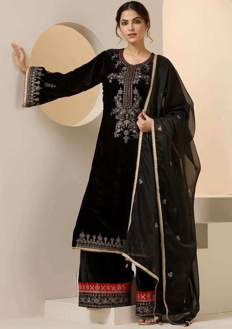Black Embroidered Velvet Kurta Set - Indya