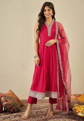 Red Yoke Design Silk Blend Anarkali Set