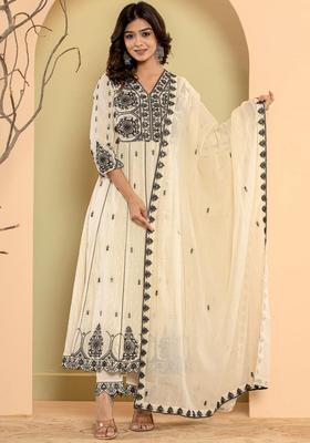 Off White Embroidered Cotton Anarkali Set