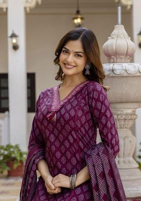 Maroon Printed Cotton Kurta Set
