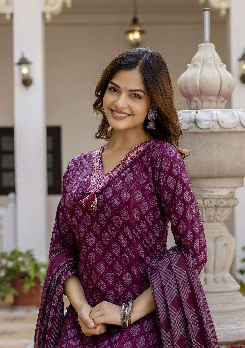 Maroon Printed Cotton Kurta Set - Indya