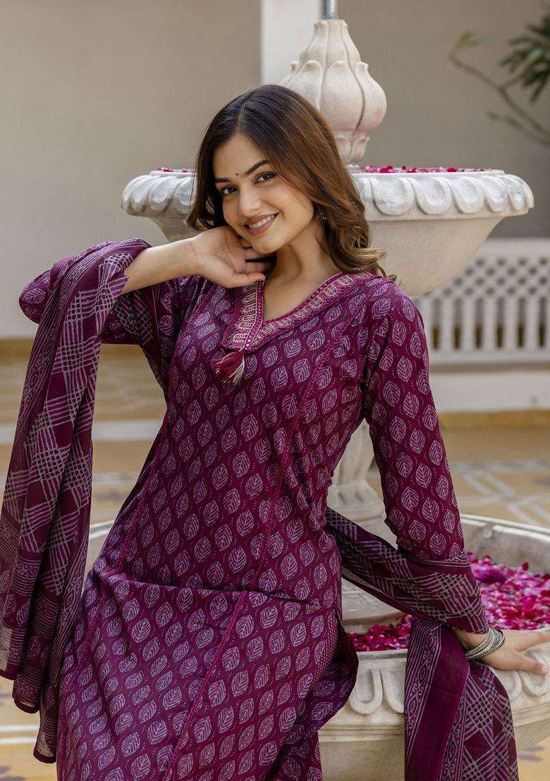 Maroon Printed Cotton Kurta Set - Indya