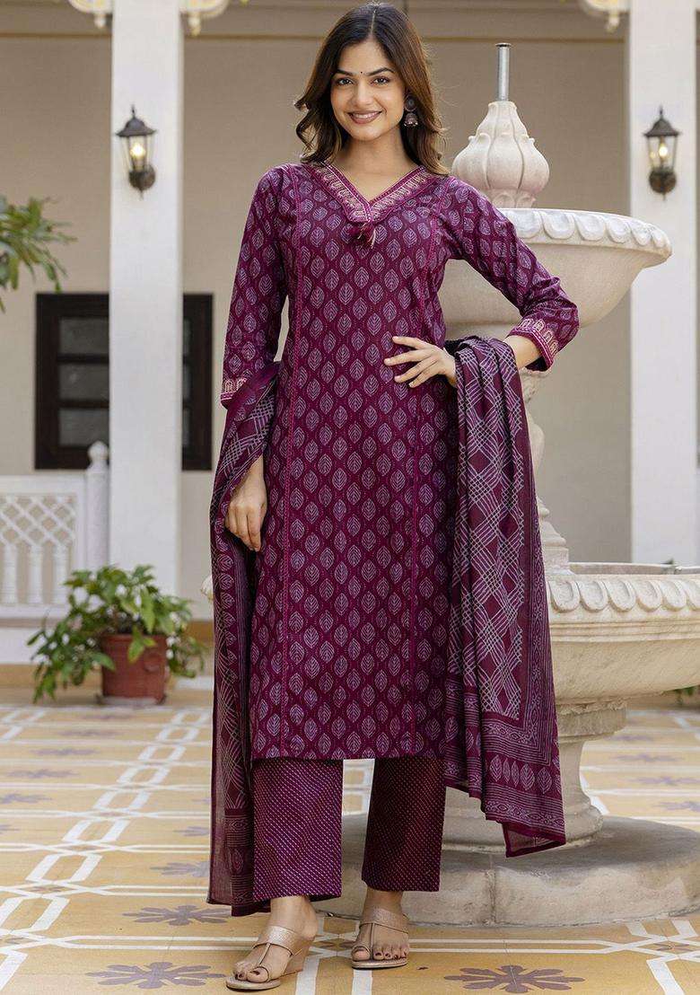 Maroon Printed Cotton Kurta Set - Indya