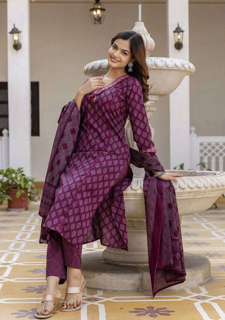 Maroon Printed Cotton Kurta Set - Indya