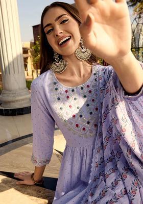 Lavender Yoke Design Cotton Kurta Set