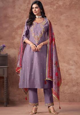 Mauve Embroidered Silk Blend Kurta Set