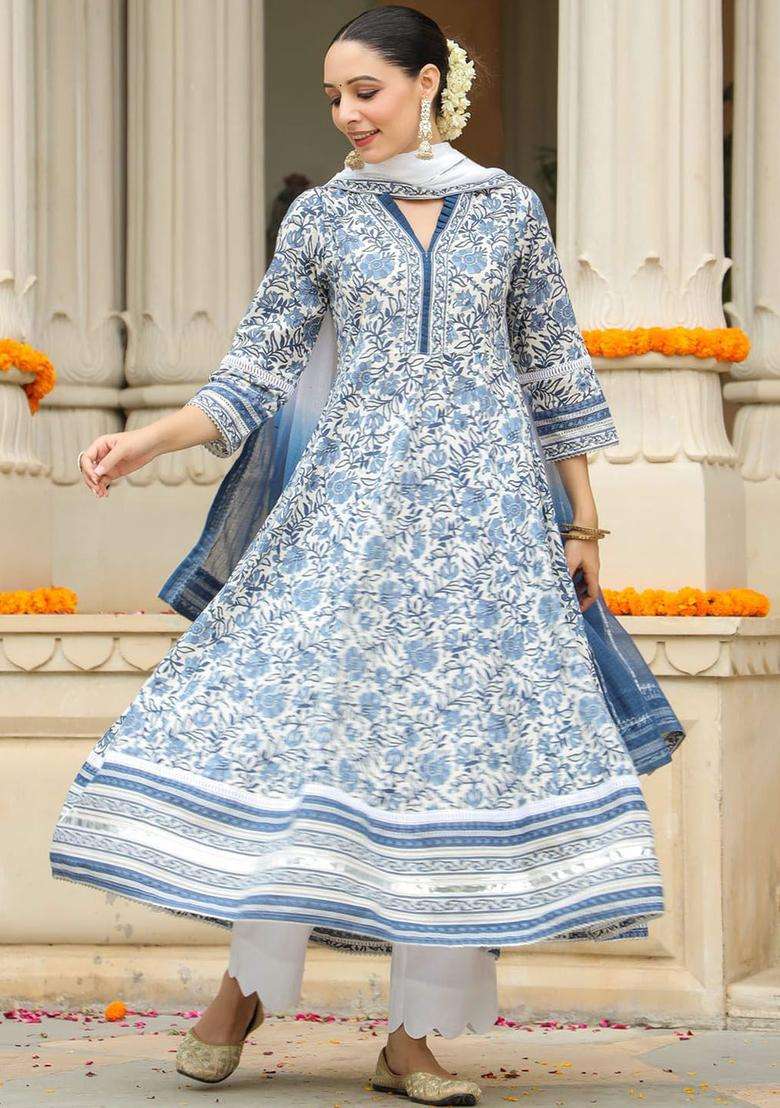 Blue Printed Cotton Anarkali Set - Indya