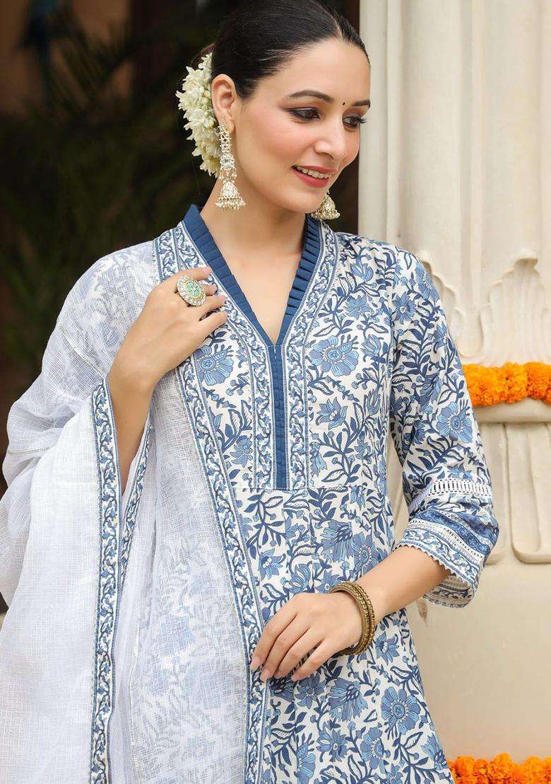 Blue Printed Cotton Anarkali Set - Indya