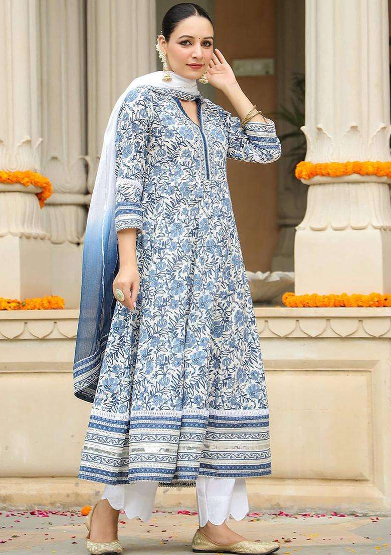 Blue Printed Cotton Anarkali Set - Indya