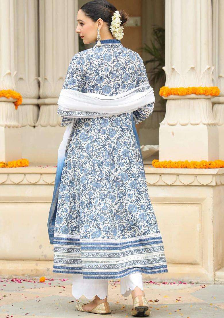 Blue Printed Cotton Anarkali Set - Indya