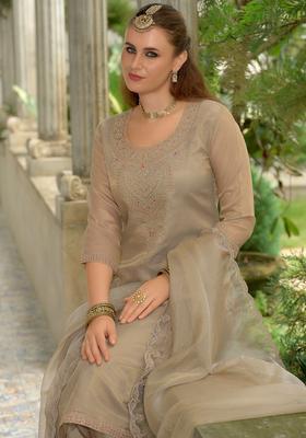 Brown Embroidered Silk Blend Kurta Set
