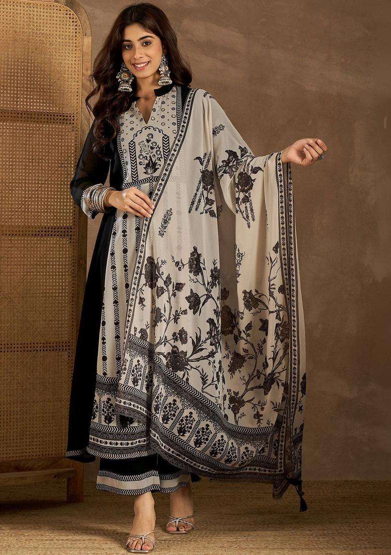 Black Printed Georgette Kurta Set - Indya