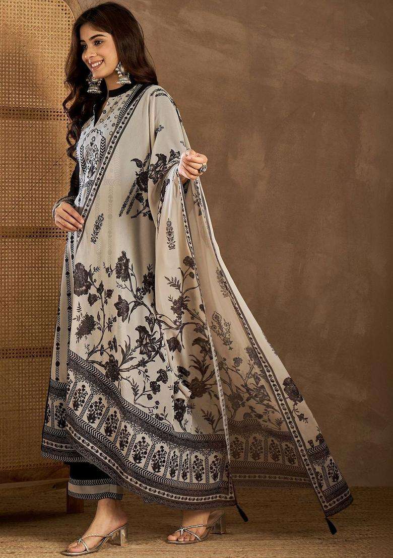 Black Printed Georgette Kurta Set - Indya