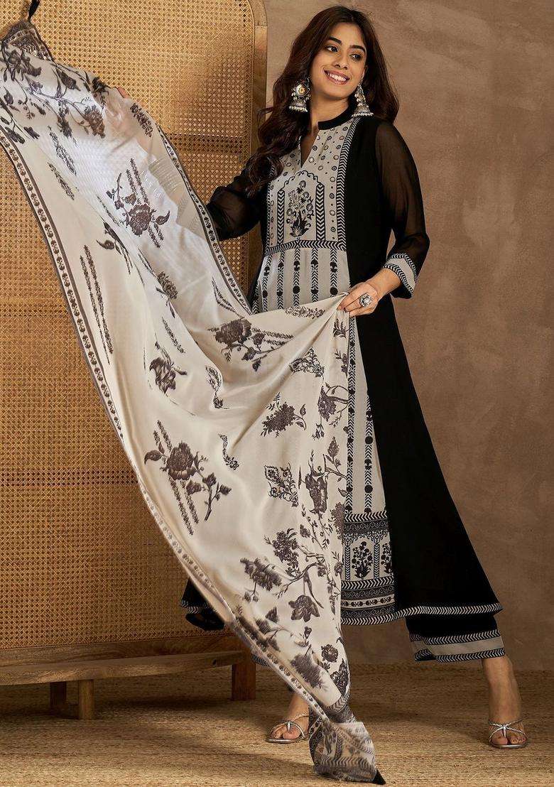 Black Printed Georgette Kurta Set - Indya