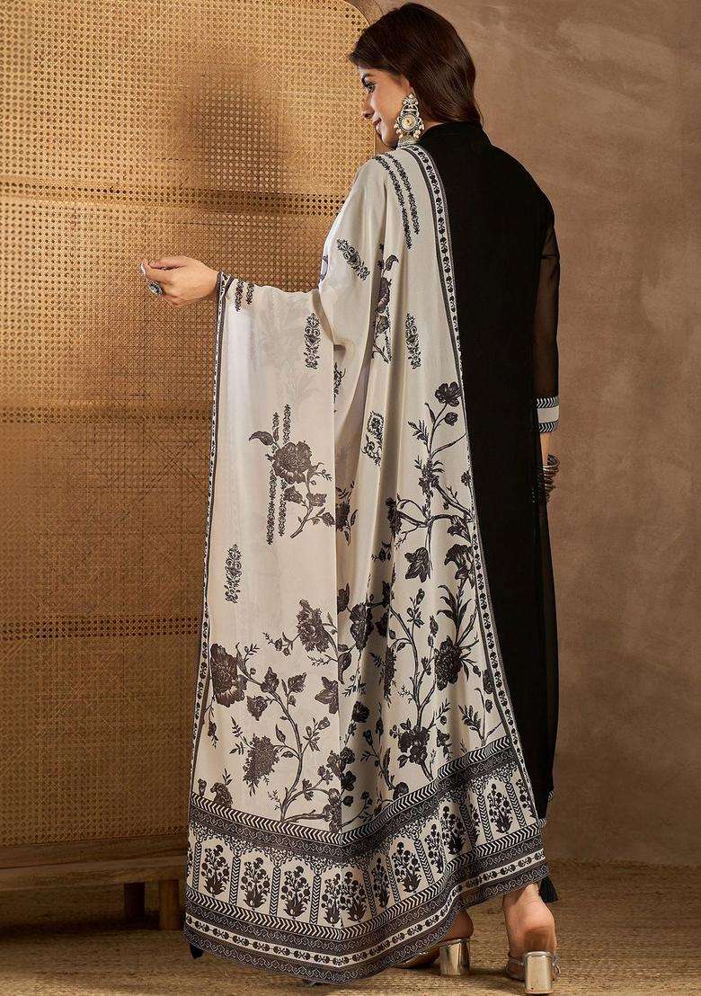 Black Printed Georgette Kurta Set - Indya