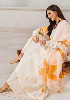 Off White Solid Silk Anarkali Set