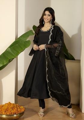 Black Embroidered Silk Blend Anarkali Set