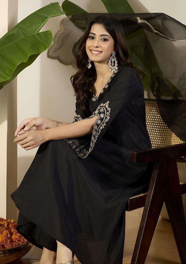 Black Embroidered Silk Blend Anarkali Set - Indya