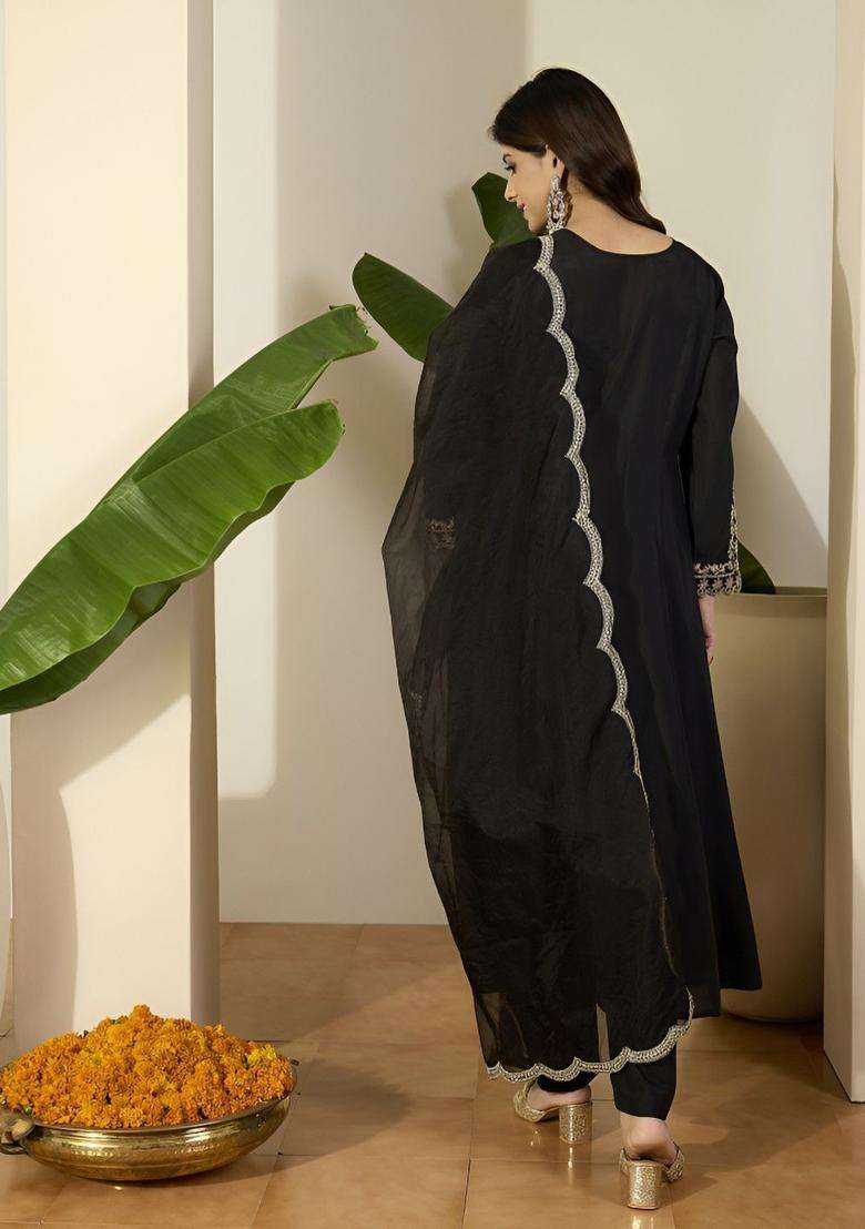 Black Embroidered Silk Blend Anarkali Set - Indya