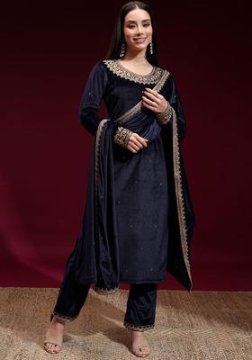 Navy Blue Embroidered Velvet Kurta Set