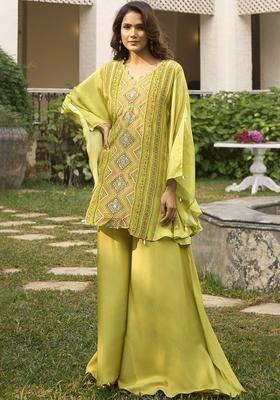 Lime Green Printed Silk Kurta Set