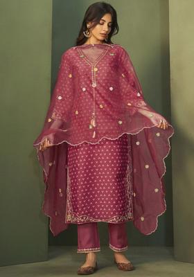 Red Printed Silk Kurta Set