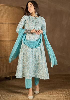 Off White Printed Cotton Kurta Set