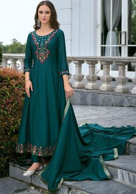 Teal Embroidered Silk Anarkali Set