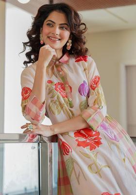 Beige Printed Cotton Kurta Set