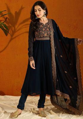 Navy Blue Embroidered Polyester Kurta Set