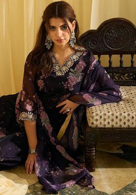 Purple Printed Organza Kurta Set