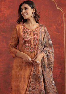 Orange Self Design Cotton Kurta Set