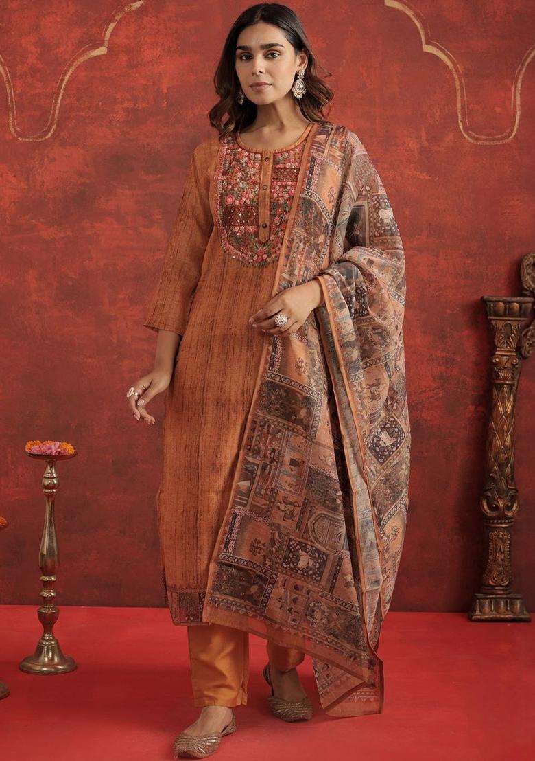 Orange Self Design Cotton Kurta Set - Indya