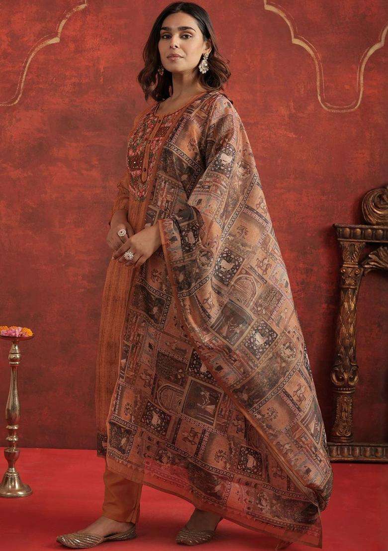 Orange Self Design Cotton Kurta Set - Indya