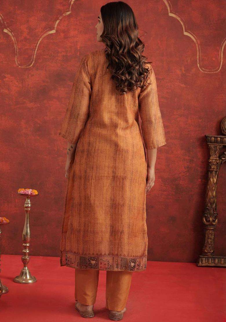 Orange Self Design Cotton Kurta Set - Indya