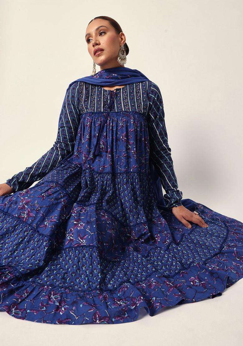 Blue Printed Cotton Anarkali Set - Indya