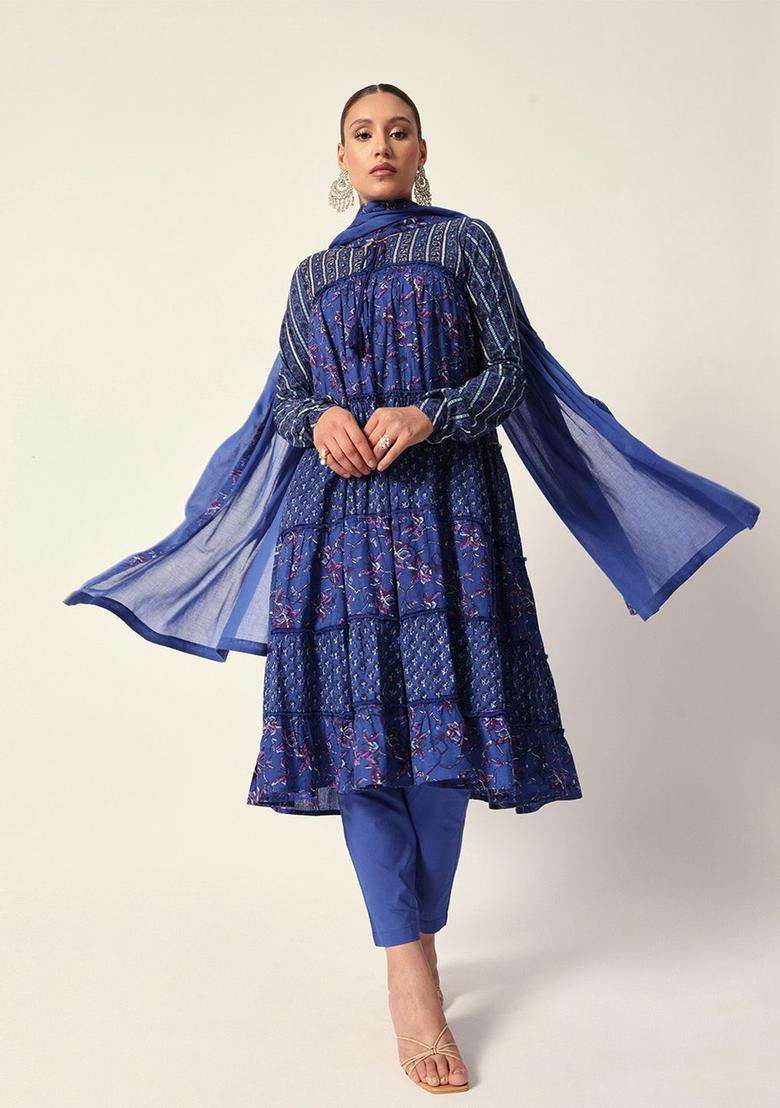 Blue Printed Cotton Anarkali Set - Indya