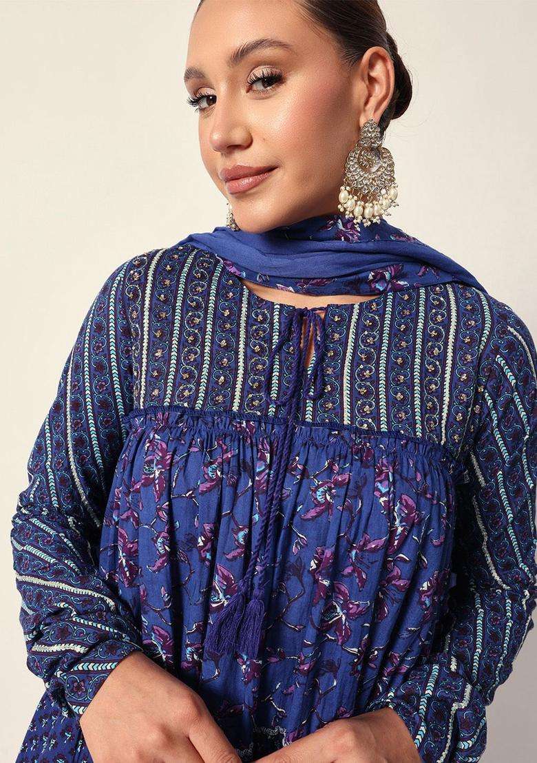Blue Printed Cotton Anarkali Set - Indya