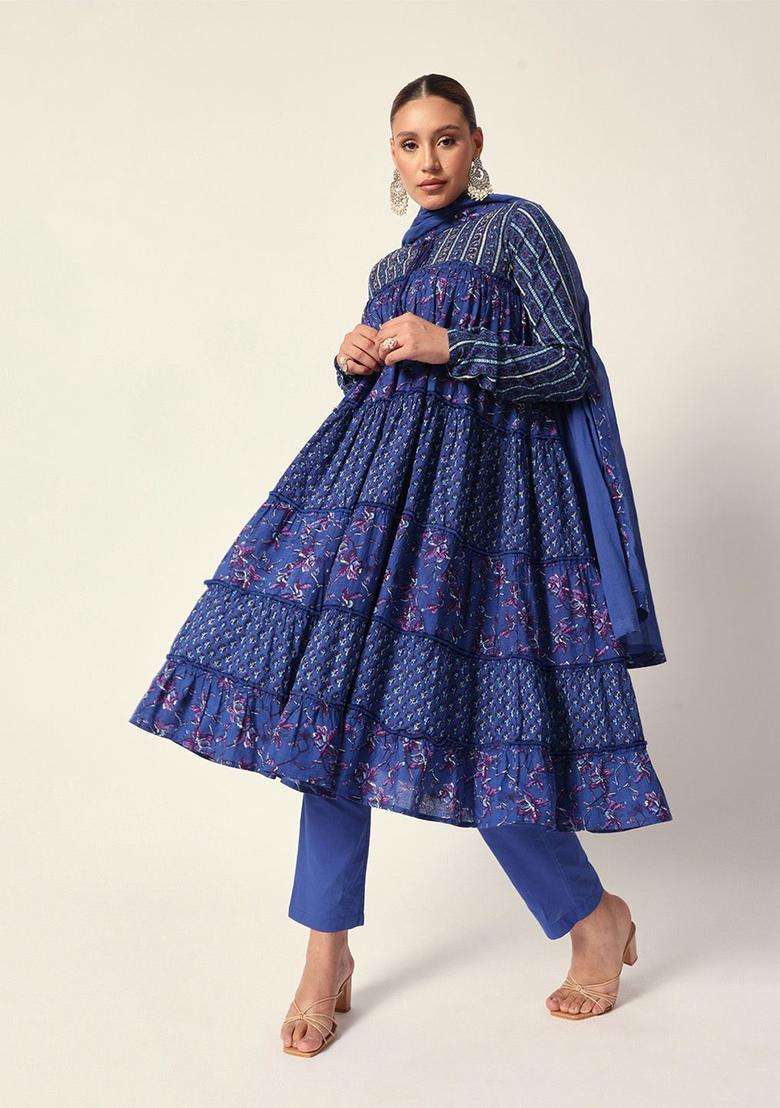 Blue Printed Cotton Anarkali Set - Indya