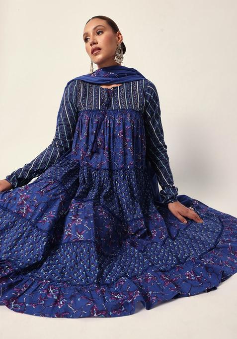 Blue Printed Cotton Anarkali Set — view on Indya