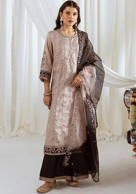 Beige Embroidered Silk Kurta Set