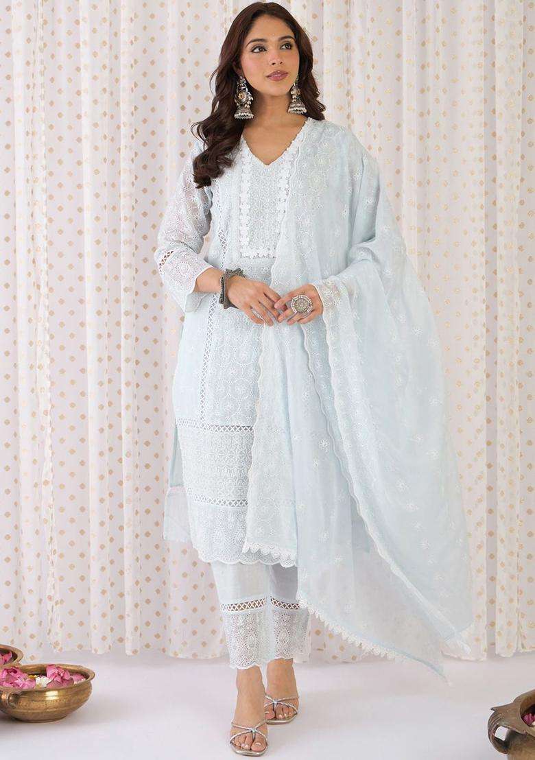 Grey Embroidered Cotton Kurta Set - Indya