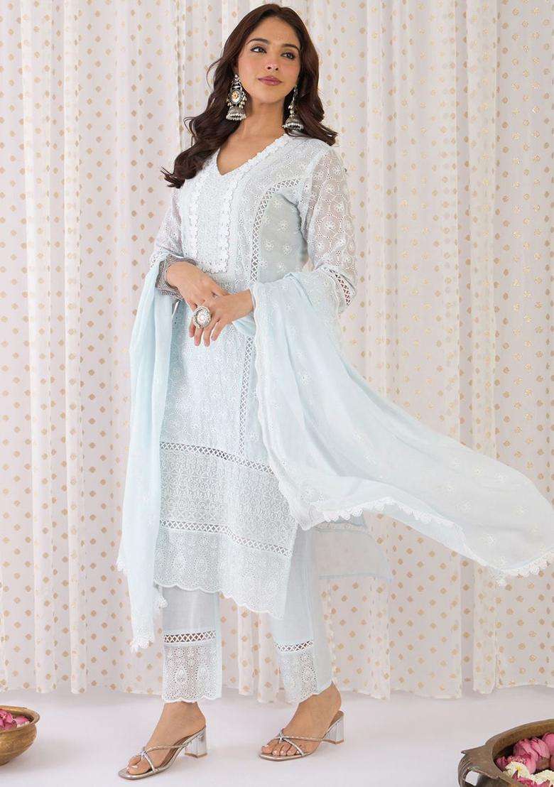 Grey Embroidered Cotton Kurta Set - Indya