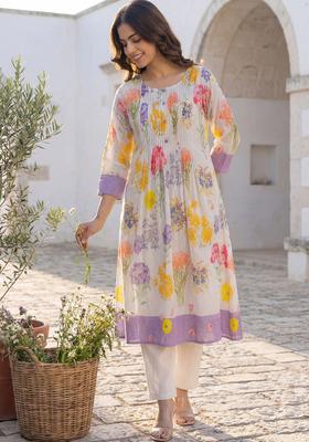 Off White Printed Cotton Kurta Set