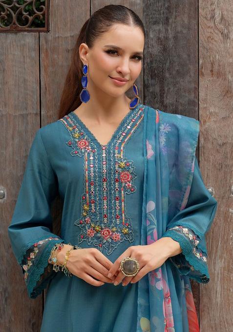 Blue Embroidered Cotton Kurta Set — view on Indya