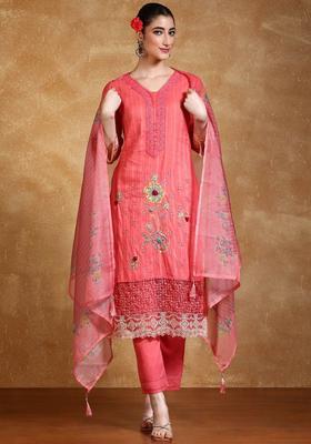 Pink Embroidered Cotton Kurta Set