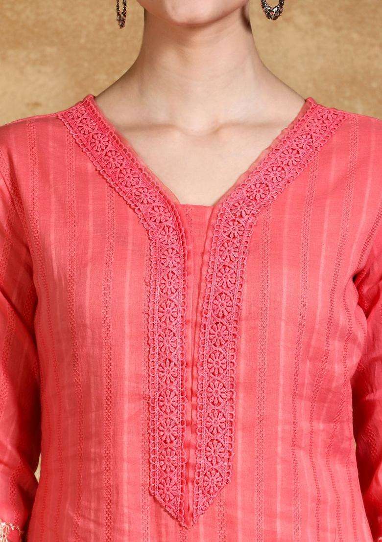 Pink Embroidered Cotton Kurta Set - Indya