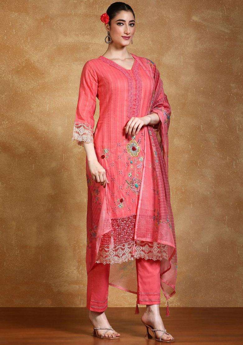 Pink Embroidered Cotton Kurta Set - Indya