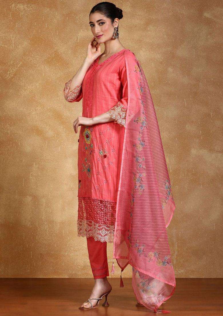 Pink Embroidered Cotton Kurta Set - Indya