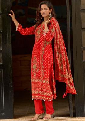 Red Printed Silk Kurta Set
